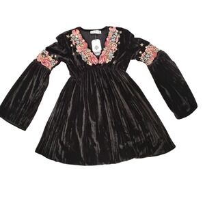 Barok Black Crushed Velvet Embroidered Sequin Bell Sleeve Mini Dress  S-M-L